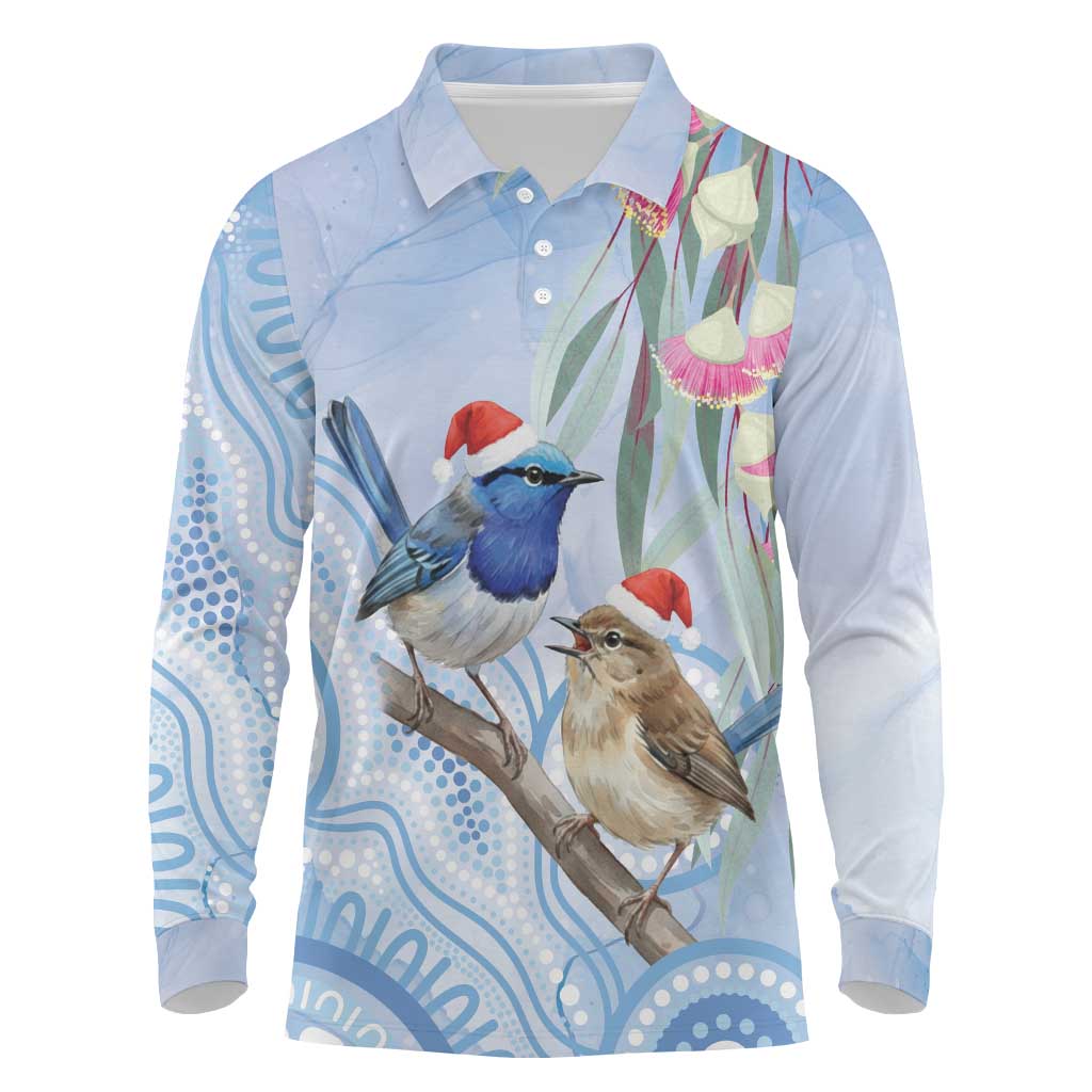 Australia Superb Fairywren Christmas Long Sleeve Polo Shirt Aboriginal Eucalyptus Blossoms Watercolor - Aussie Hoodie