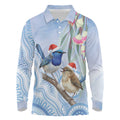 Australia Superb Fairywren Christmas Long Sleeve Polo Shirt Aboriginal Eucalyptus Blossoms Watercolor - Aussie Hoodie