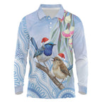 Australia Superb Fairywren Christmas Long Sleeve Polo Shirt Aboriginal Eucalyptus Blossoms Watercolor - Aussie Hoodie