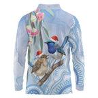 Australia Superb Fairywren Christmas Long Sleeve Polo Shirt Aboriginal Eucalyptus Blossoms Watercolor - Aussie Hoodie