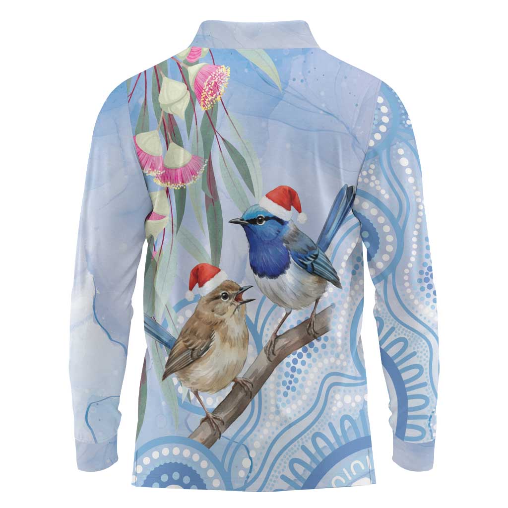 Australia Superb Fairywren Christmas Long Sleeve Polo Shirt Aboriginal Eucalyptus Blossoms Watercolor - Aussie Hoodie