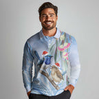 Australia Superb Fairywren Christmas Long Sleeve Polo Shirt Aboriginal Eucalyptus Blossoms Watercolor - Aussie Hoodie