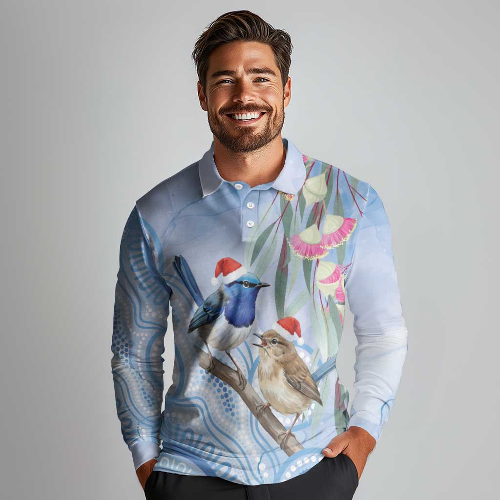 Australia Superb Fairywren Christmas Long Sleeve Polo Shirt Aboriginal Eucalyptus Blossoms Watercolor - Aussie Hoodie