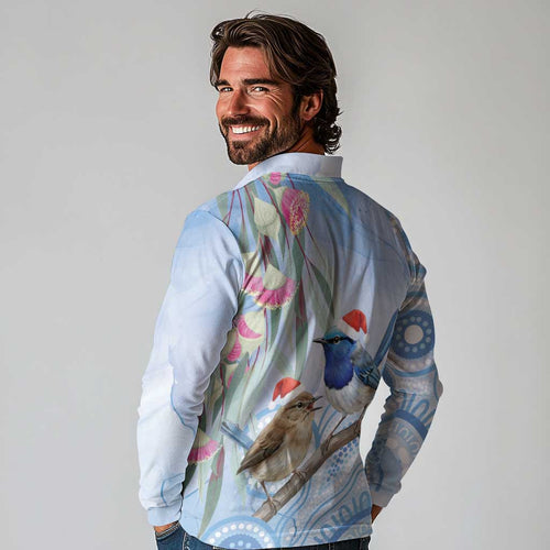 Australia Superb Fairywren Christmas Long Sleeve Polo Shirt Aboriginal Eucalyptus Blossoms Watercolor - Aussie Hoodie