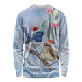 Australia Superb Fairywren Christmas Long Sleeve Shirt Aboriginal Eucalyptus Blossoms Watercolor - Aussie Hoodie