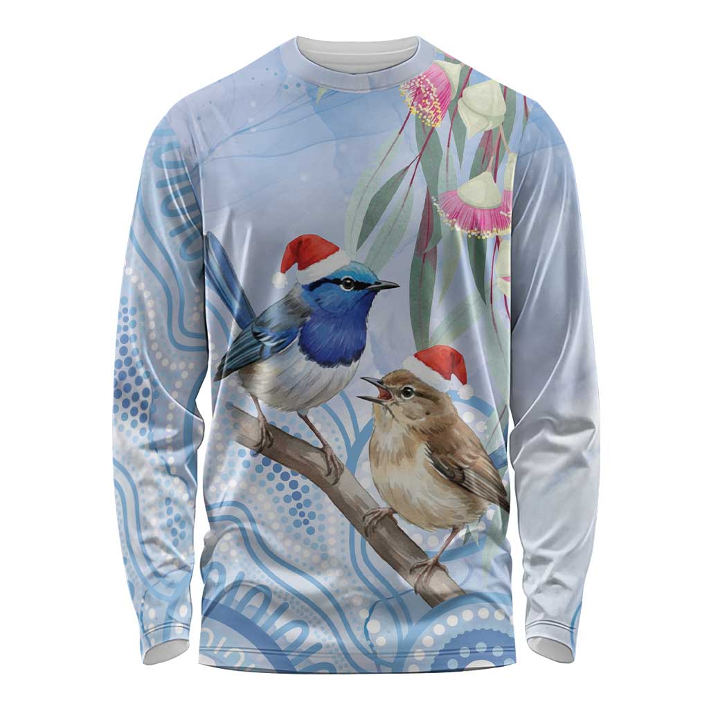 Australia Superb Fairywren Christmas Long Sleeve Shirt Aboriginal Eucalyptus Blossoms Watercolor - Aussie Hoodie