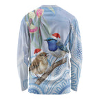 Australia Superb Fairywren Christmas Long Sleeve Shirt Aboriginal Eucalyptus Blossoms Watercolor - Aussie Hoodie