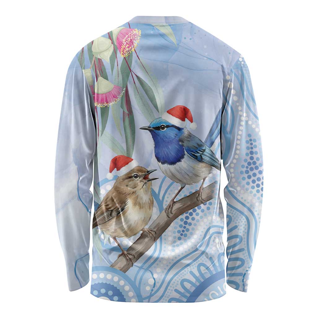 Australia Superb Fairywren Christmas Long Sleeve Shirt Aboriginal Eucalyptus Blossoms Watercolor - Aussie Hoodie
