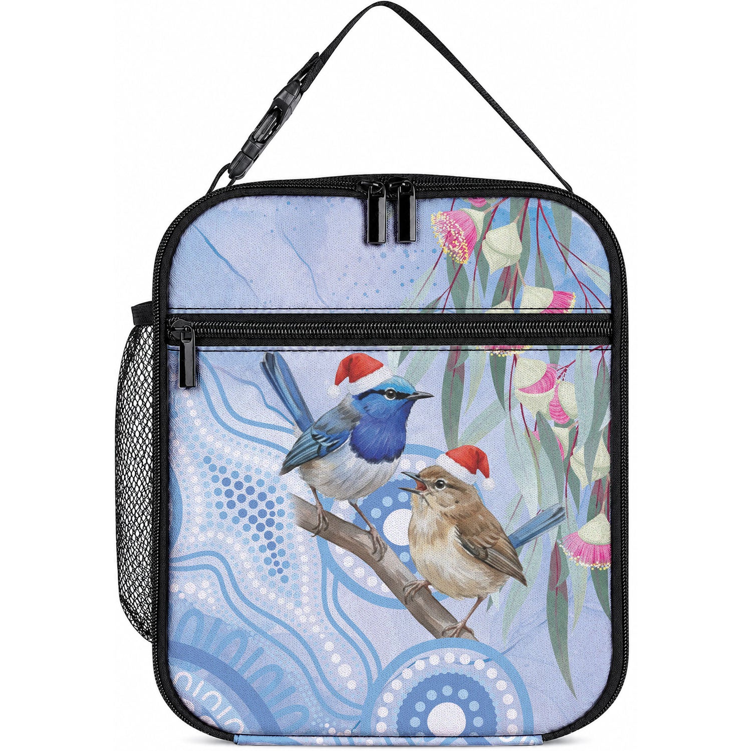 Australia Superb Fairywren Christmas Lunch Bag Aboriginal Eucalyptus Blossoms Watercolor