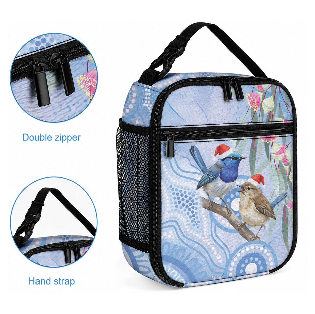 Australia Superb Fairywren Christmas Lunch Bag Aboriginal Eucalyptus Blossoms Watercolor