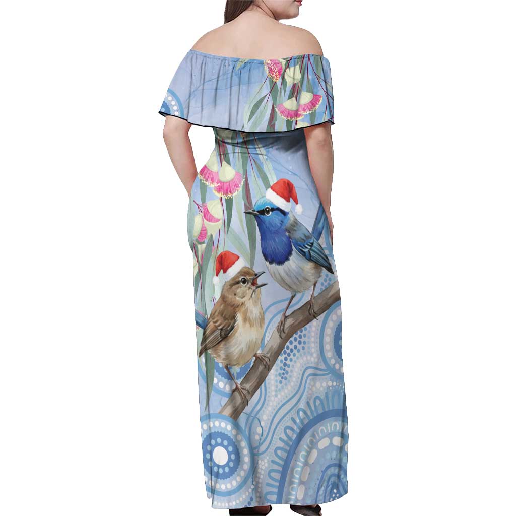 Australia Superb Fairywren Christmas Off Shoulder Maxi Dress Aboriginal Eucalyptus Blossoms Watercolor - Aussie Hoodie