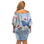Australia Superb Fairywren Christmas Off Shoulder Short Dress Aboriginal Eucalyptus Blossoms Watercolor - Aussie Hoodie