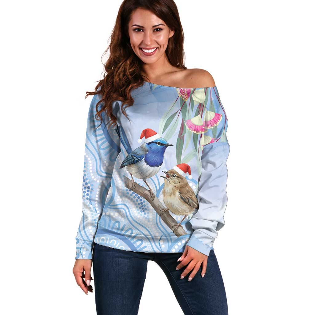 Australia Superb Fairywren Christmas Off Shoulder Sweater Aboriginal Eucalyptus Blossoms Watercolor - Aussie Hoodie