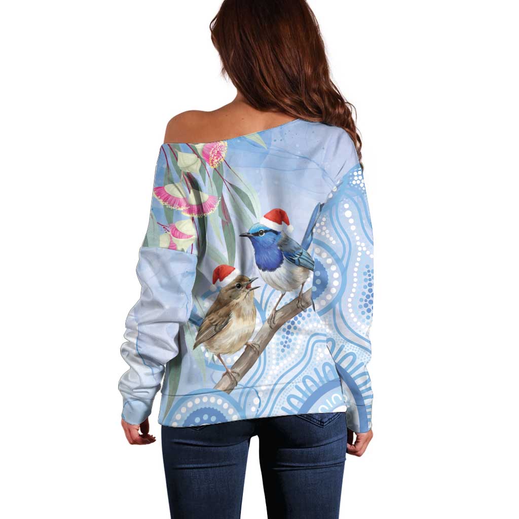 Australia Superb Fairywren Christmas Off Shoulder Sweater Aboriginal Eucalyptus Blossoms Watercolor - Aussie Hoodie