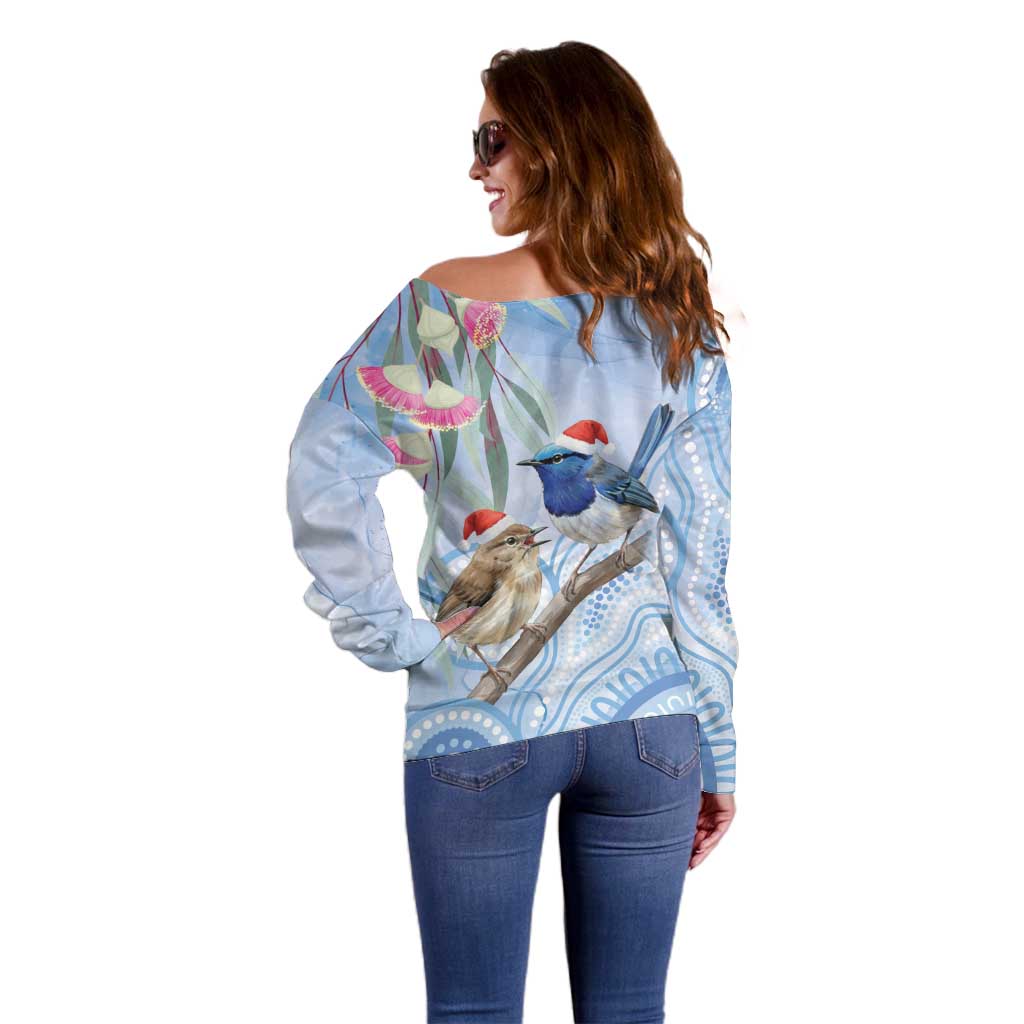 Australia Superb Fairywren Christmas Off Shoulder Sweater Aboriginal Eucalyptus Blossoms Watercolor - Aussie Hoodie
