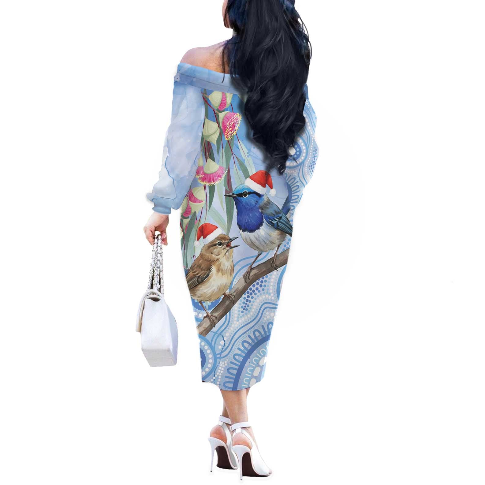 Australia Superb Fairywren Christmas Off The Shoulder Long Sleeve Dress Aboriginal Eucalyptus Blossoms Watercolor - Aussie Hoodie