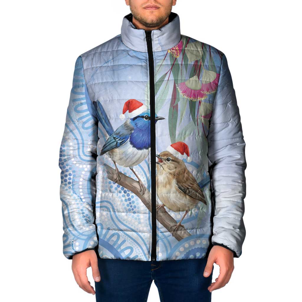 Australia Superb Fairywren Christmas Padded Jacket Aboriginal Eucalyptus Blossoms Watercolor - Aussie Hoodie