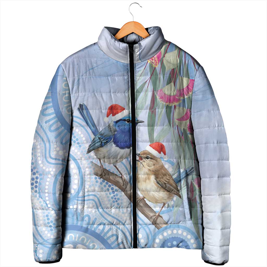 Australia Superb Fairywren Christmas Padded Jacket Aboriginal Eucalyptus Blossoms Watercolor - Aussie Hoodie