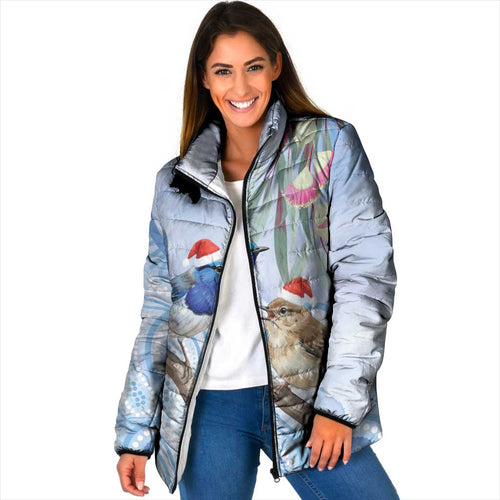 Australia Superb Fairywren Christmas Padded Jacket Aboriginal Eucalyptus Blossoms Watercolor - Aussie Hoodie