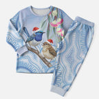 Australia Superb Fairywren Christmas Pajama Set Aboriginal Eucalyptus Blossoms Watercolor - Aussie Hoodie