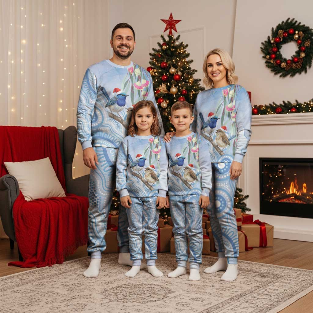 Australia Superb Fairywren Christmas Pajama Set Aboriginal Eucalyptus Blossoms Watercolor - Aussie Hoodie