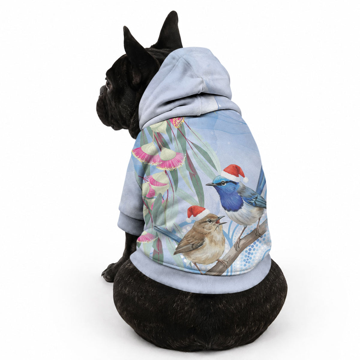 Australia Superb Fairywren Christmas Pet Hoodie Aboriginal Eucalyptus Blossoms Watercolor