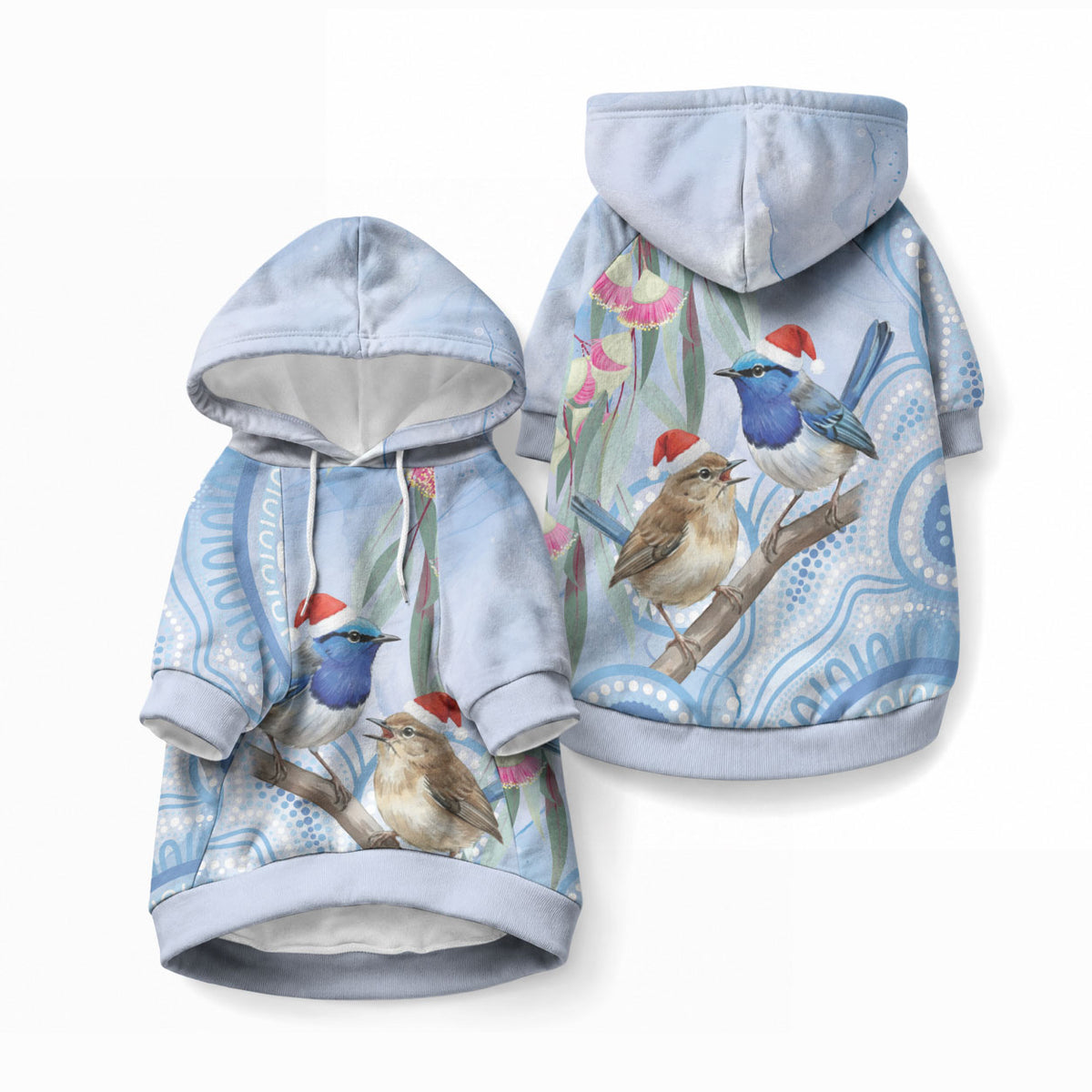 Australia Superb Fairywren Christmas Pet Hoodie Aboriginal Eucalyptus Blossoms Watercolor