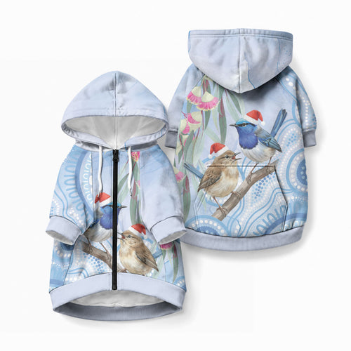 Australia Superb Fairywren Christmas Pet Hoodie Aboriginal Eucalyptus Blossoms Watercolor