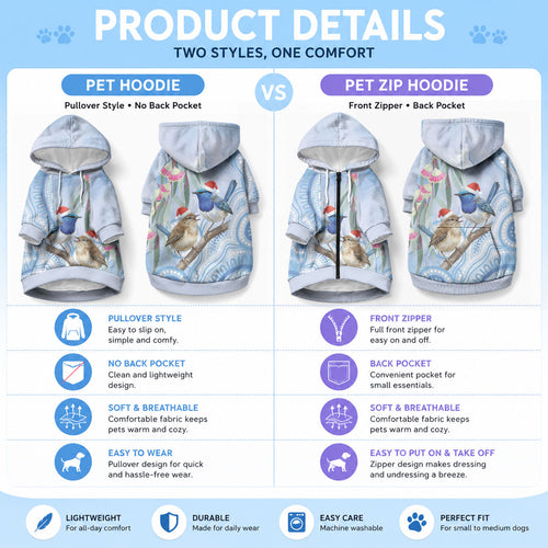 Australia Superb Fairywren Christmas Pet Hoodie Aboriginal Eucalyptus Blossoms Watercolor