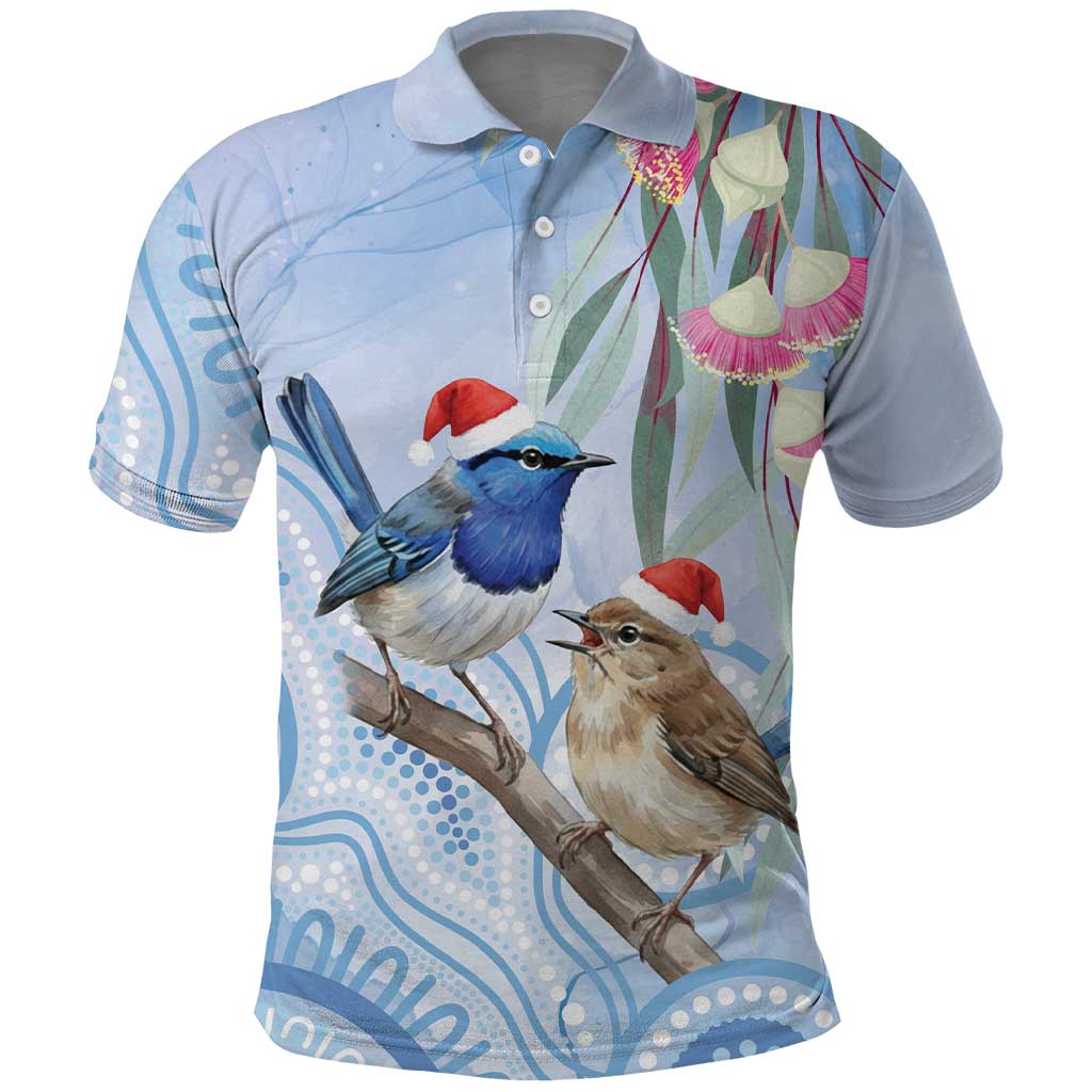 Australia Superb Fairywren Christmas Polo Shirt Aboriginal Eucalyptus Blossoms Watercolor - Aussie Hoodie