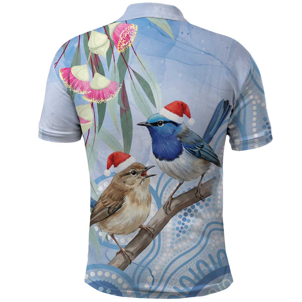 Australia Superb Fairywren Christmas Polo Shirt Aboriginal Eucalyptus Blossoms Watercolor - Aussie Hoodie