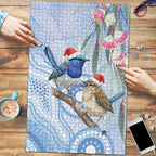 Australia Superb Fairywren Christmas Puzzle Aboriginal Eucalyptus Blossoms Watercolor - Aussie Hoodie