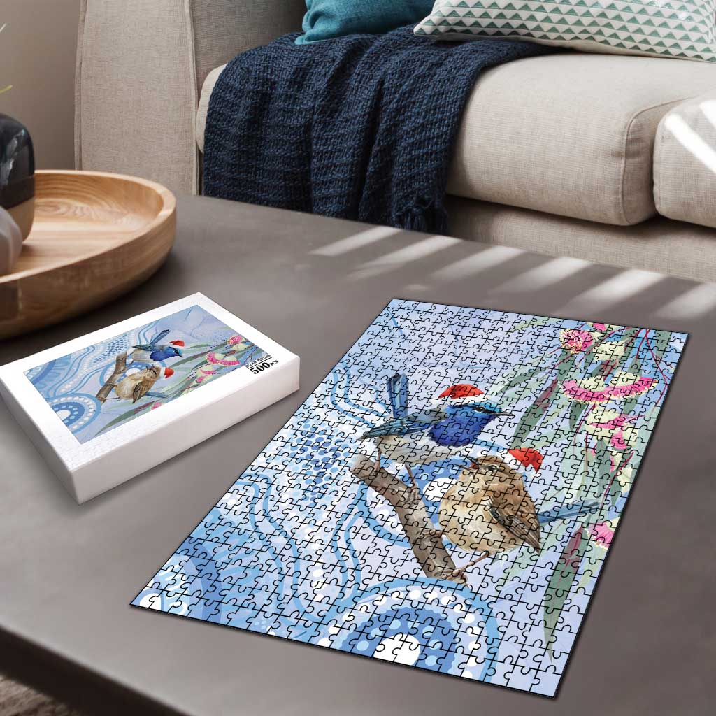 Australia Superb Fairywren Christmas Puzzle Aboriginal Eucalyptus Blossoms Watercolor - Aussie Hoodie