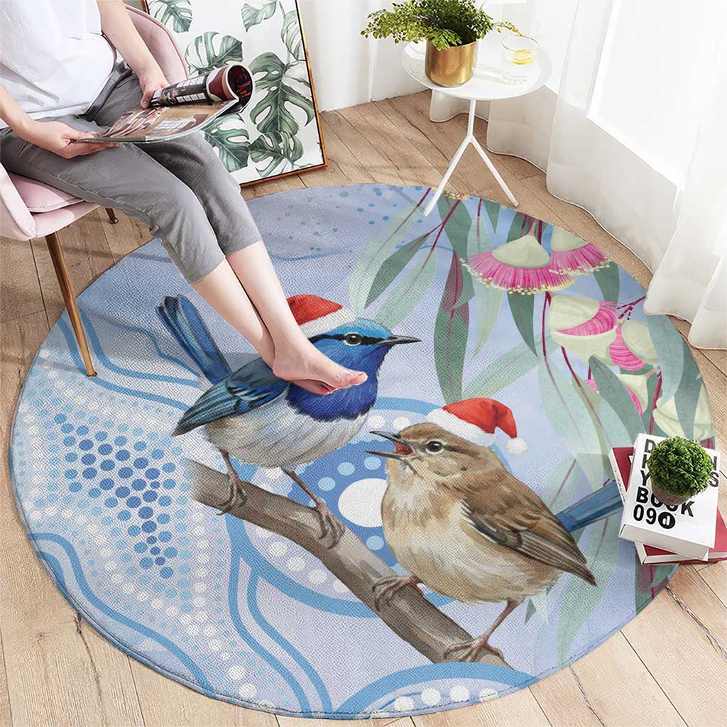 Australia Superb Fairywren Christmas Round Carpet Aboriginal Eucalyptus Blossoms Watercolor - Aussie Hoodie
