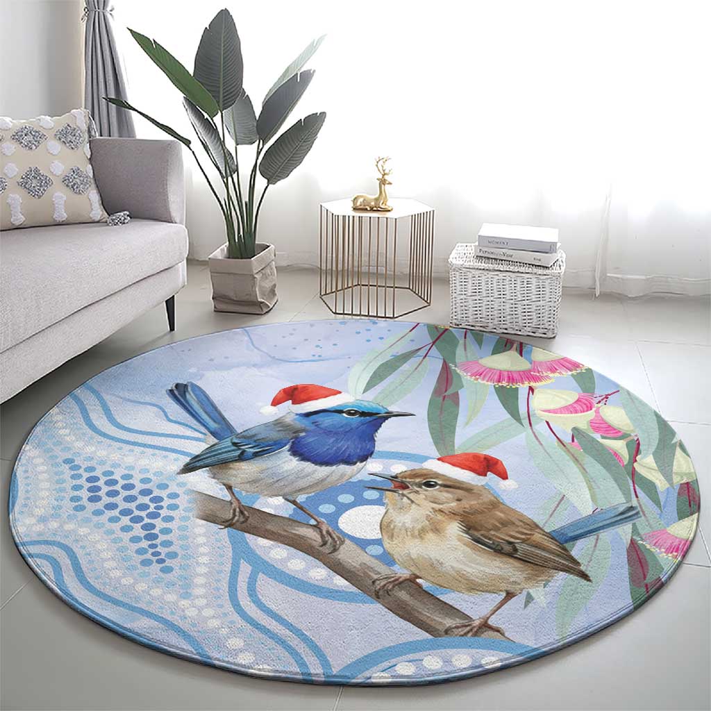 Australia Superb Fairywren Christmas Round Carpet Aboriginal Eucalyptus Blossoms Watercolor - Aussie Hoodie