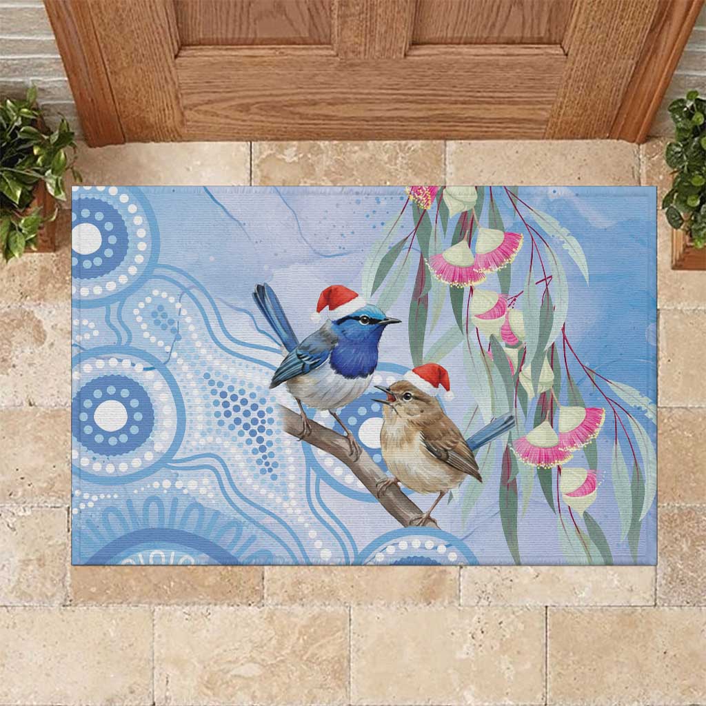 Australia Superb Fairywren Christmas Rubber Doormat Aboriginal Eucalyptus Blossoms Watercolor - Aussie Hoodie