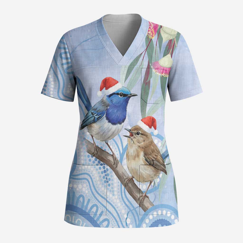 Australia Superb Fairywren Christmas Scrub Top Aboriginal Eucalyptus Blossoms Watercolor - Aussie Hoodie