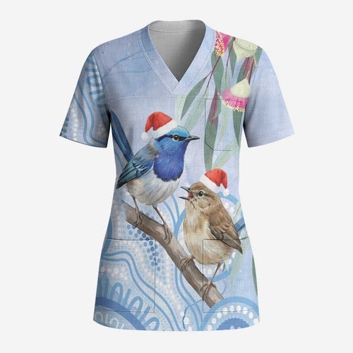 Australia Superb Fairywren Christmas Scrub Top Aboriginal Eucalyptus Blossoms Watercolor - Aussie Hoodie