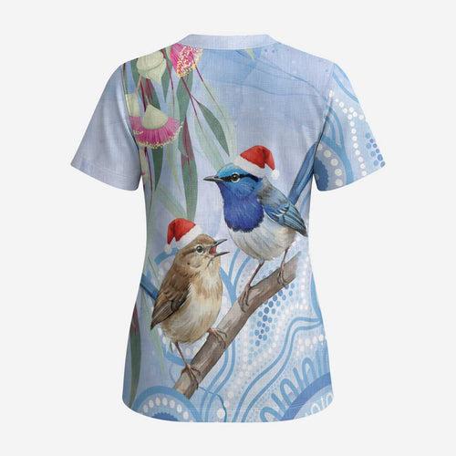 Australia Superb Fairywren Christmas Scrub Top Aboriginal Eucalyptus Blossoms Watercolor - Aussie Hoodie