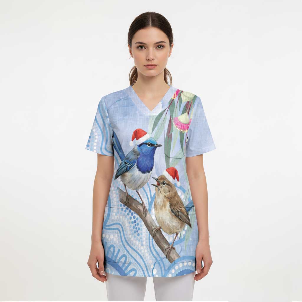 Australia Superb Fairywren Christmas Scrub Top Aboriginal Eucalyptus Blossoms Watercolor - Aussie Hoodie