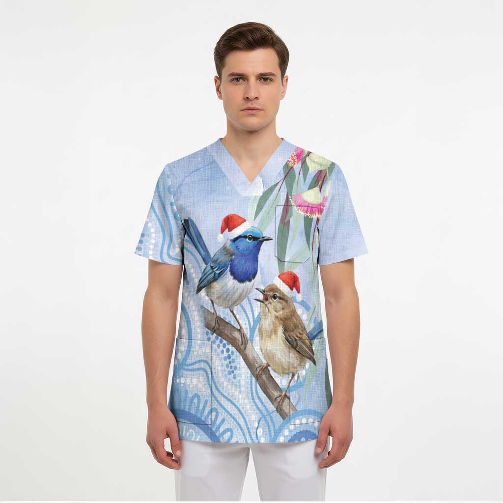 Australia Superb Fairywren Christmas Scrub Top Aboriginal Eucalyptus Blossoms Watercolor - Aussie Hoodie
