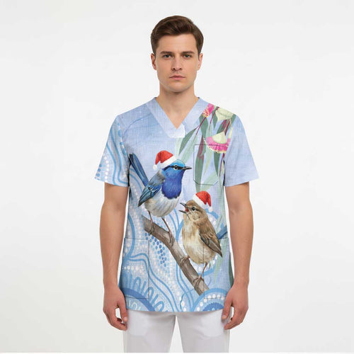 Australia Superb Fairywren Christmas Scrub Top Aboriginal Eucalyptus Blossoms Watercolor - Aussie Hoodie