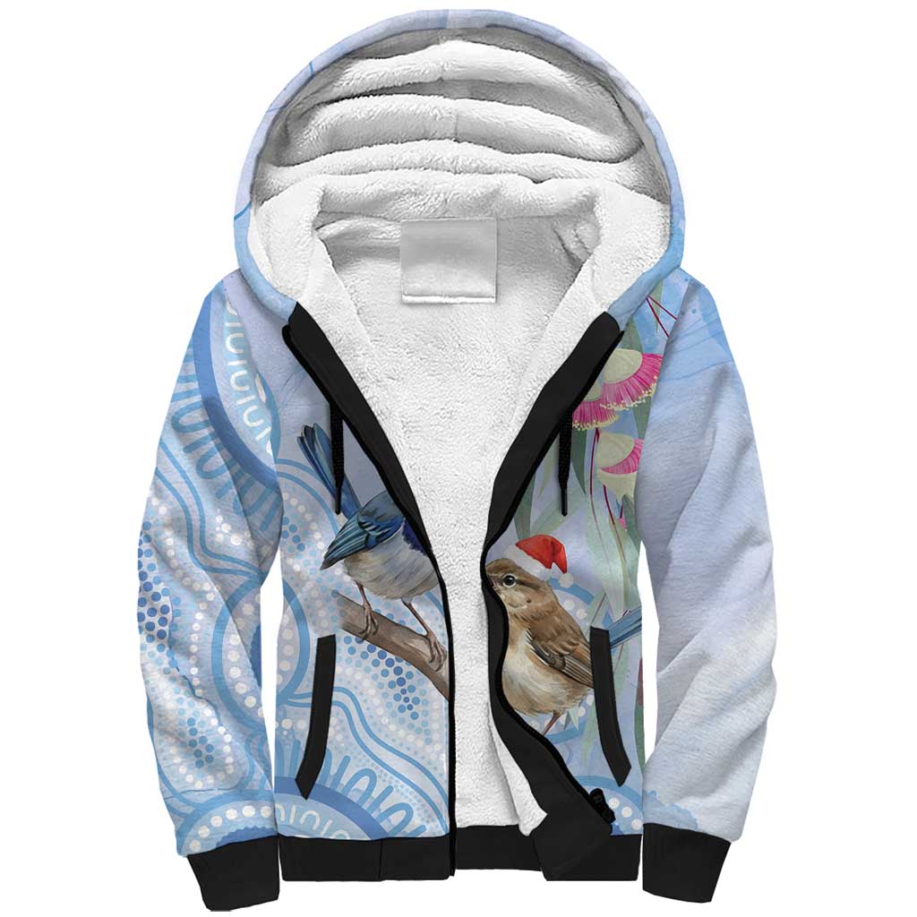 Australia Superb Fairywren Christmas Sherpa Hoodie Aboriginal Eucalyptus Blossoms Watercolor - Aussie Hoodie