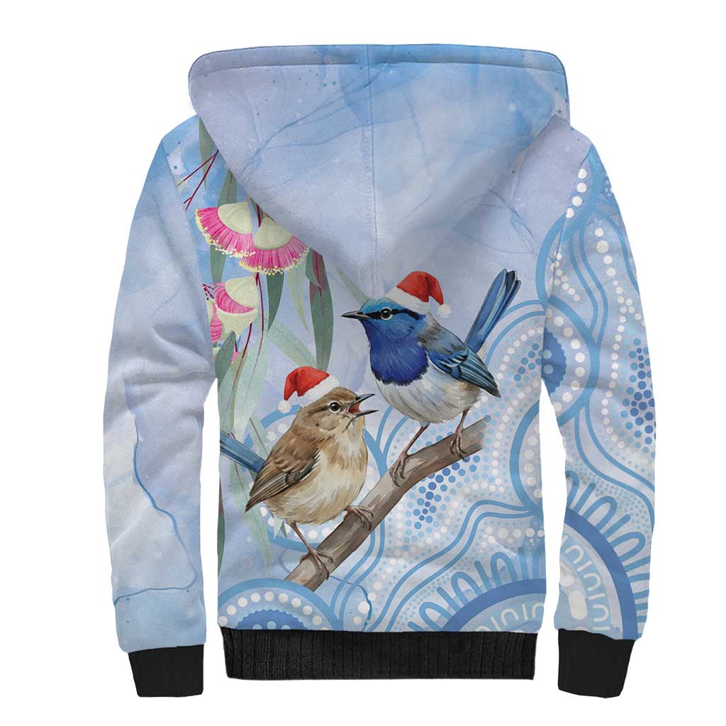 Australia Superb Fairywren Christmas Sherpa Hoodie Aboriginal Eucalyptus Blossoms Watercolor - Aussie Hoodie