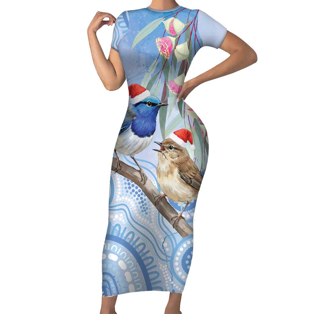 Australia Superb Fairywren Christmas Short Sleeve Bodycon Dress Aboriginal Eucalyptus Blossoms Watercolor - Aussie Hoodie