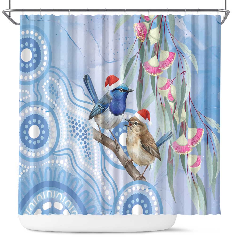 Australia Superb Fairywren Christmas Shower Curtain Aboriginal Eucalyptus Blossoms Watercolor - Aussie Hoodie