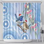 Australia Superb Fairywren Christmas Shower Curtain Aboriginal Eucalyptus Blossoms Watercolor - Aussie Hoodie