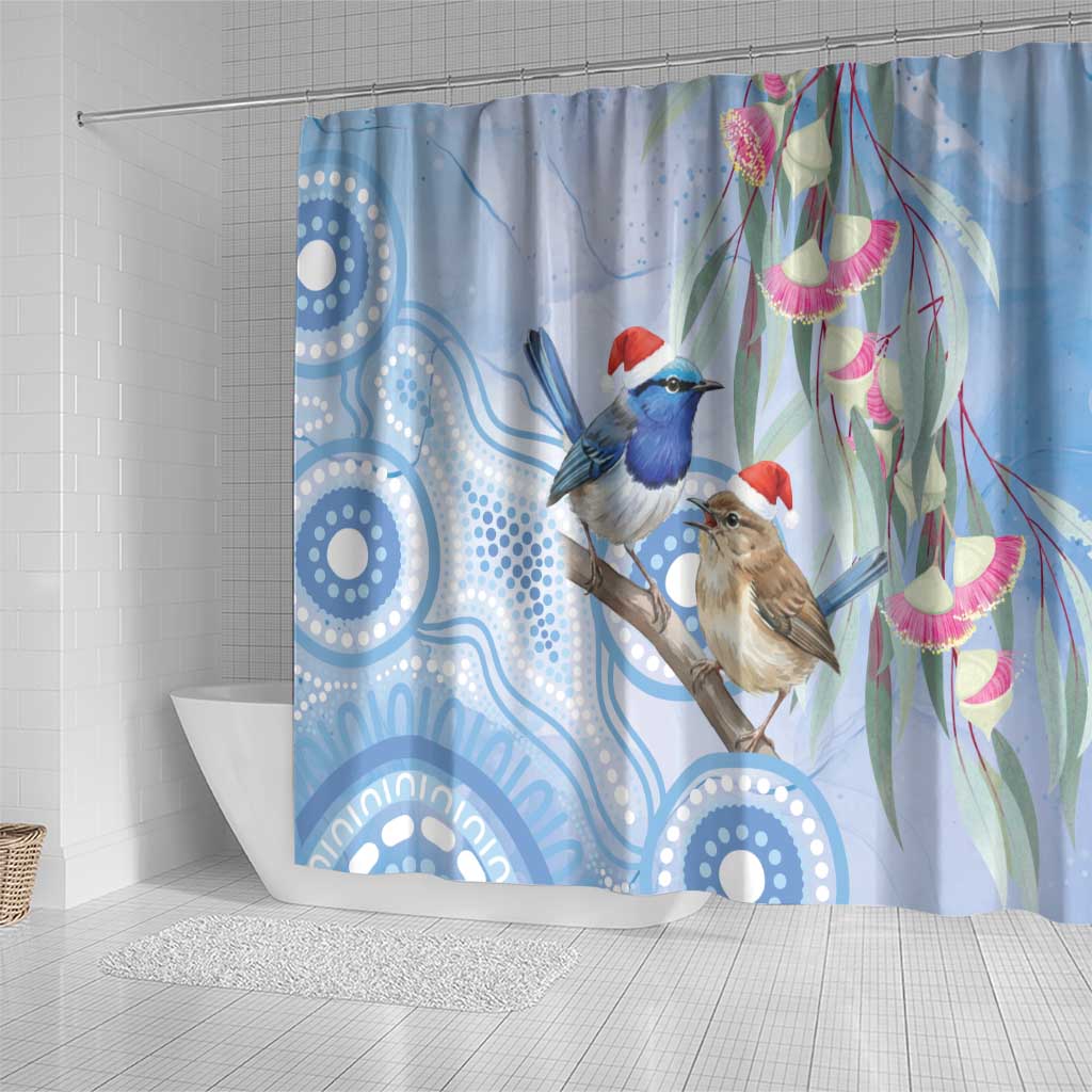 Australia Superb Fairywren Christmas Shower Curtain Aboriginal Eucalyptus Blossoms Watercolor - Aussie Hoodie