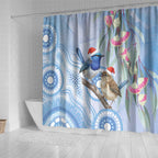 Australia Superb Fairywren Christmas Shower Curtain Aboriginal Eucalyptus Blossoms Watercolor - Aussie Hoodie