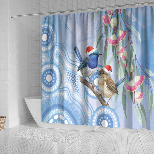 Australia Superb Fairywren Christmas Shower Curtain Aboriginal Eucalyptus Blossoms Watercolor - Aussie Hoodie